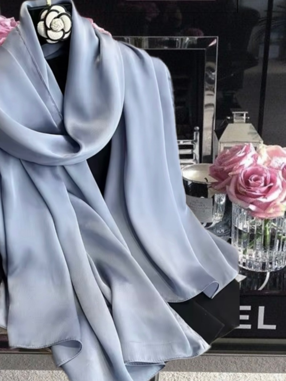 Steel Blue 100% SILK SATIN Large Shawl Scarf Wedding Cover Up Evening Wrap 1 - Picture 1 of 4
